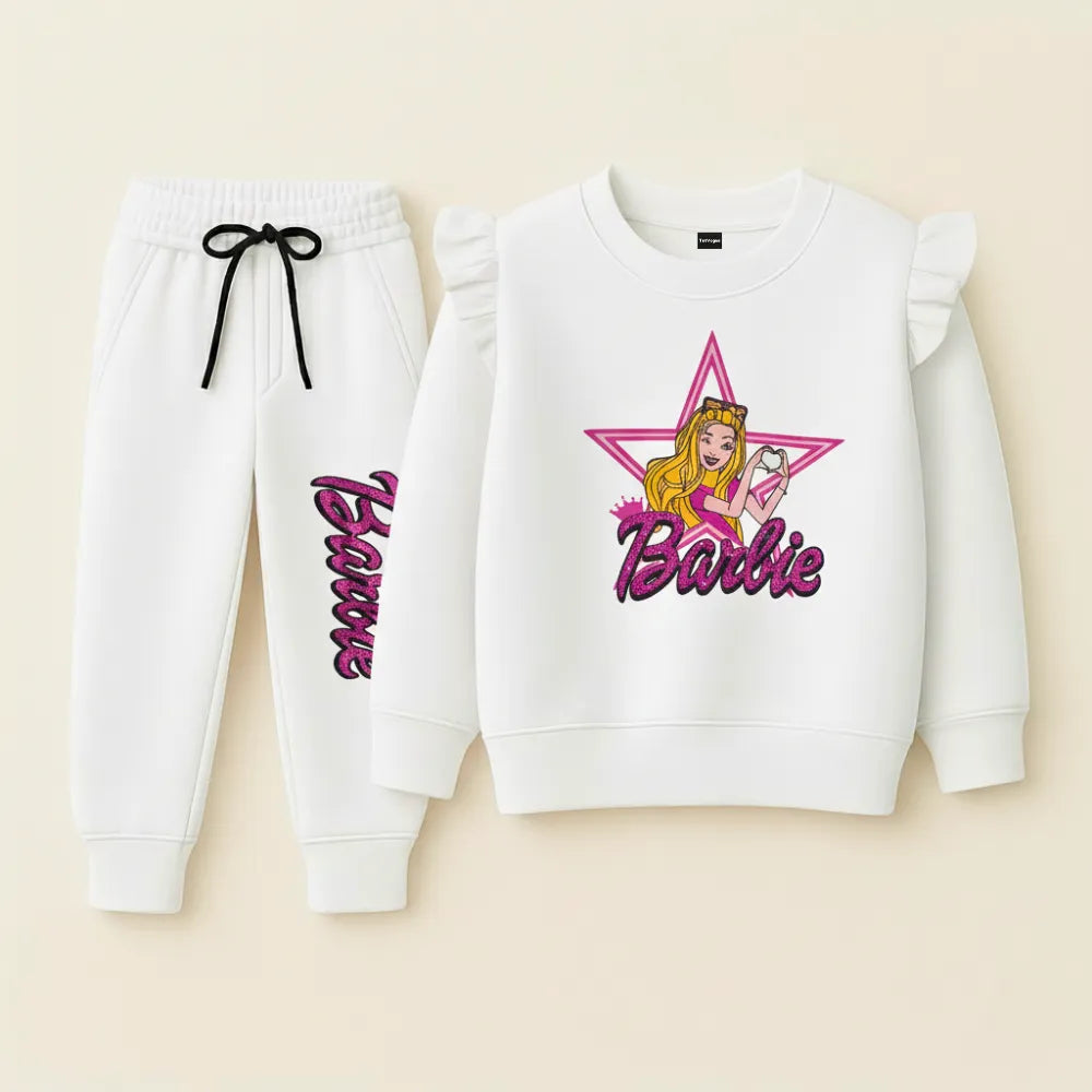 Barbie Princess Kids Tracksuit – White Star Edition Sparkle Fleece Set