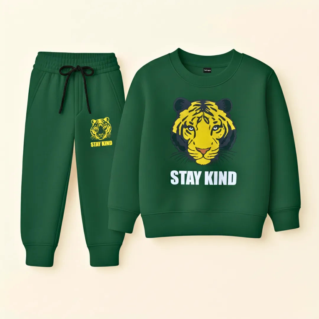 Green sweatshirt and pants set with tiger design and 'Stay Kind' text on a beige background