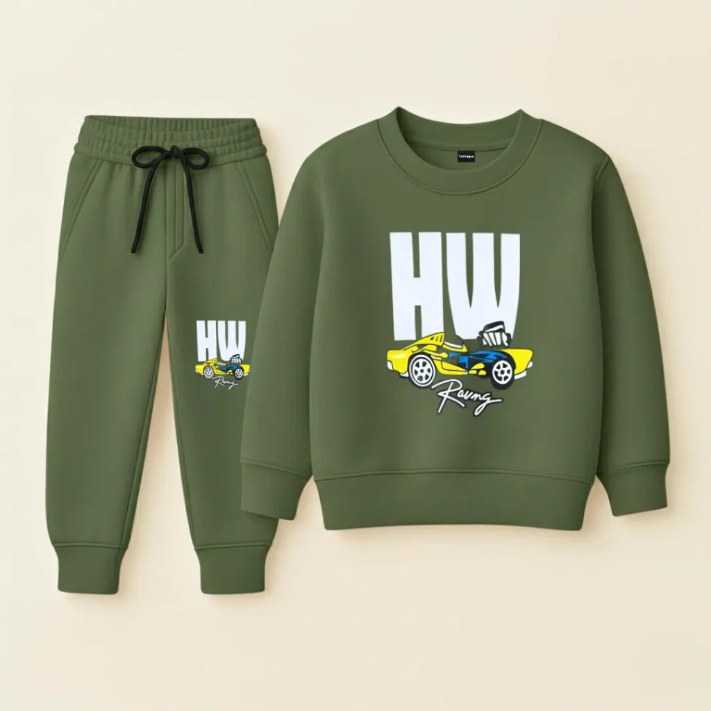Green sweatshirt and pants set with 'HU Racing' design on a beige background