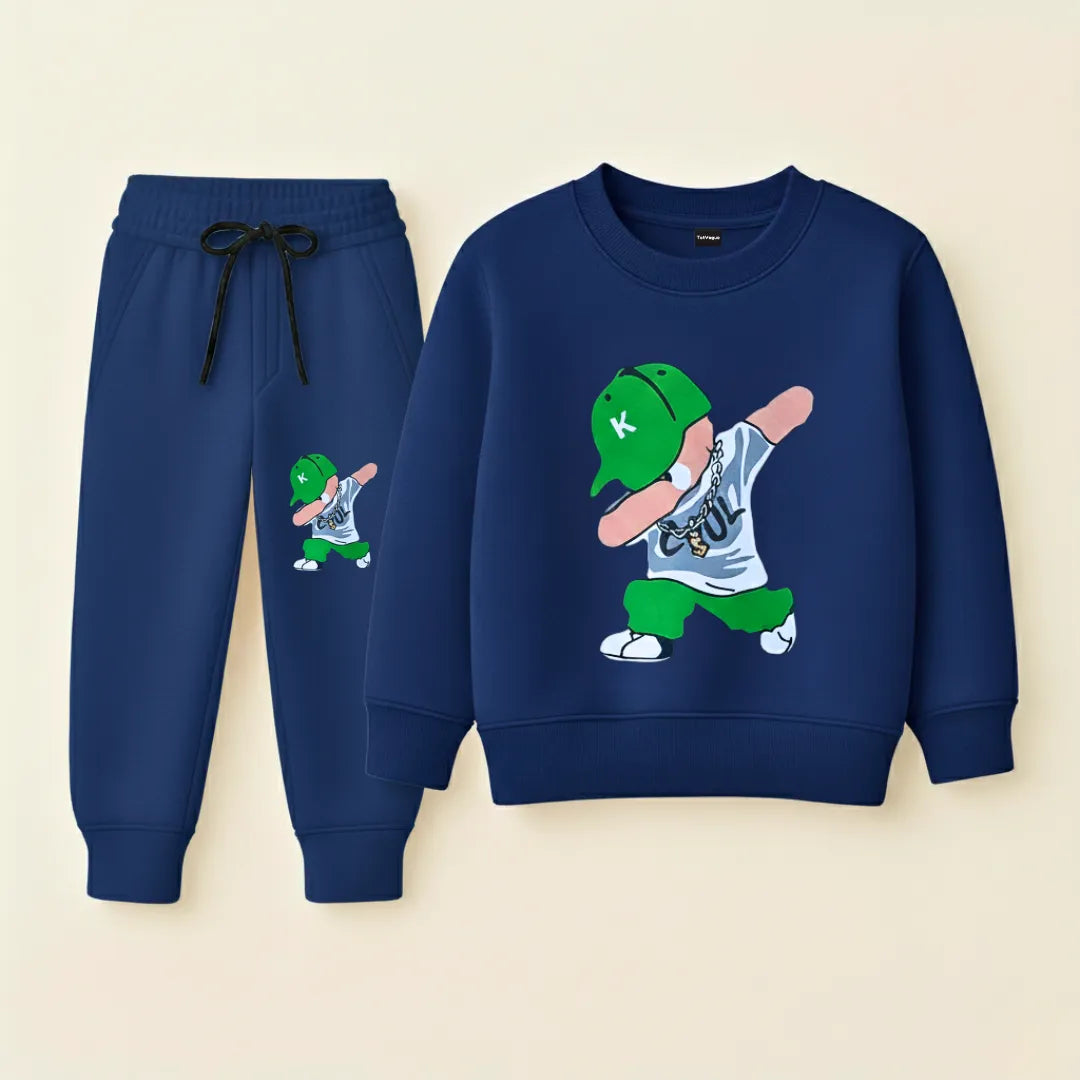 Navy blue sweatshirt and jogger set with cartoon character on a beige background
