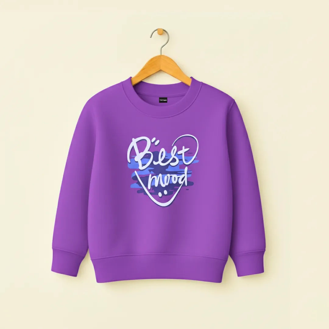 Purple sweatshirt with 'Best mood' text on a beige background