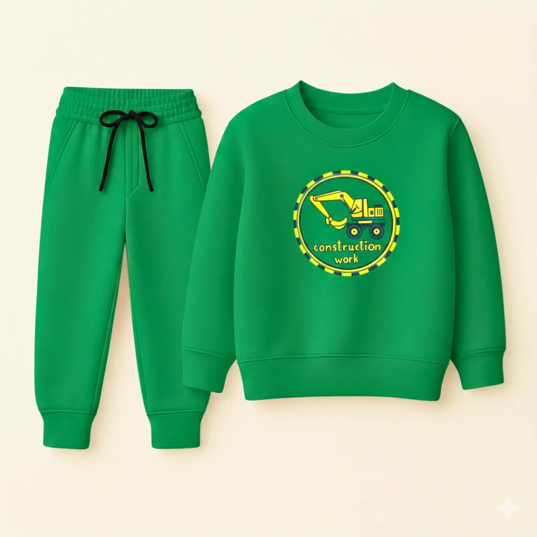 Boys Construction Work Tracksuit – Green Builder Edition Warm Fleece Set