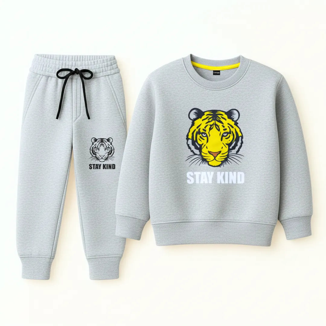 Gray sweatshirt and jogger set with tiger design and 'Stay Kind' text on a white background