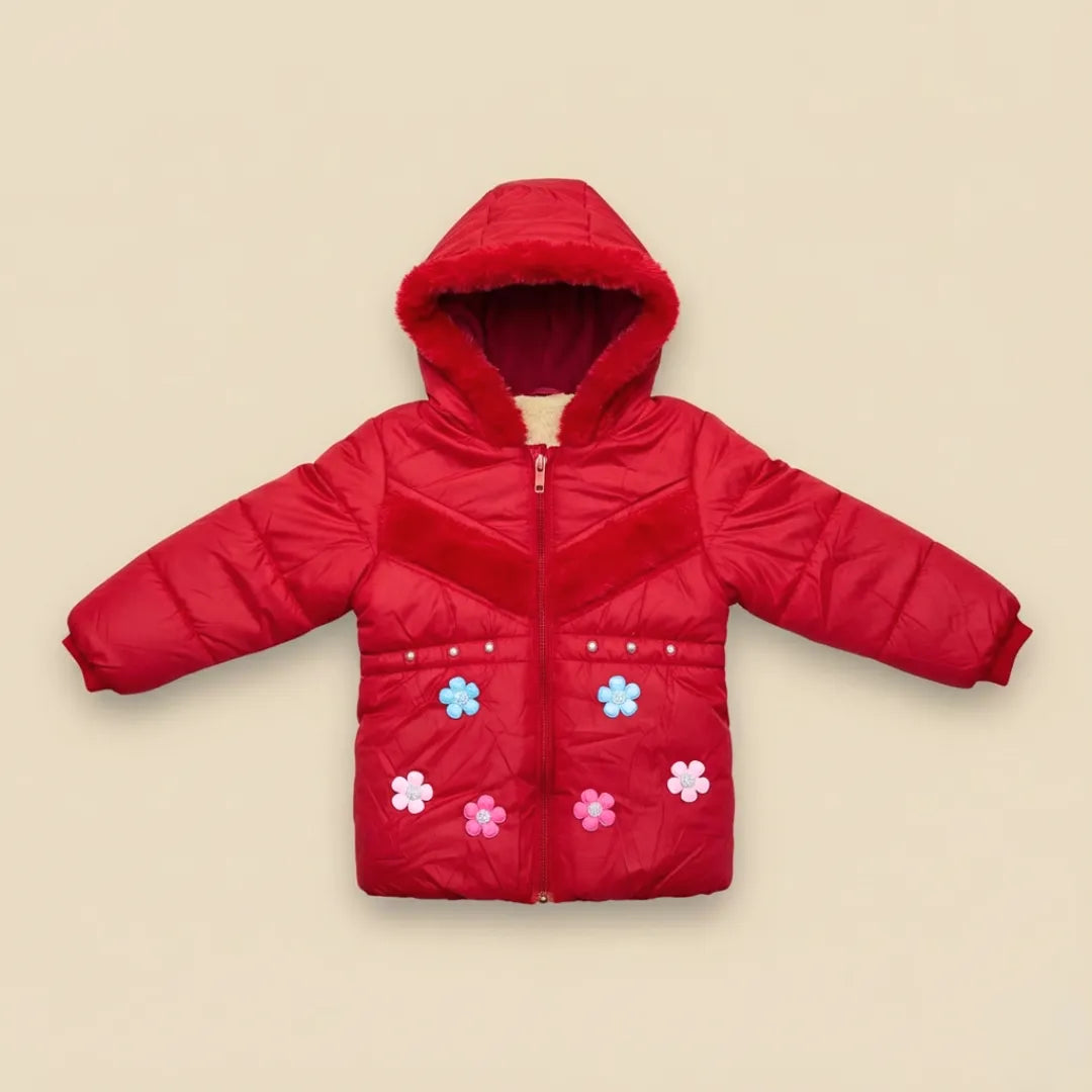 Girls Floral Puffer Jacket – Cozy Faux Fur Hood Edition (1 to 6 Years)