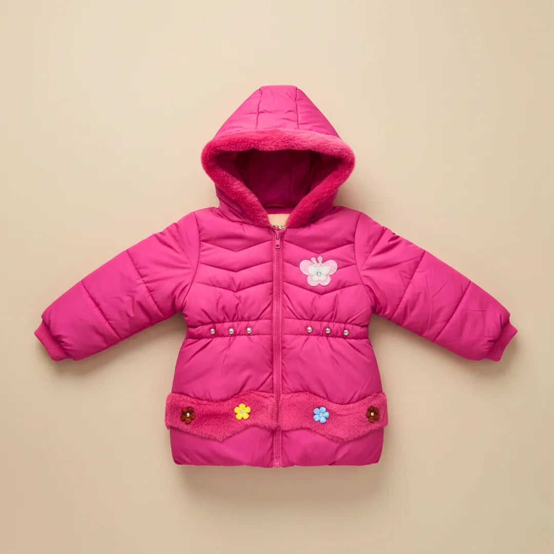 Girls Floral Puffer Jacket – Cozy Faux Fur Hood Edition (1 to 6 Years)