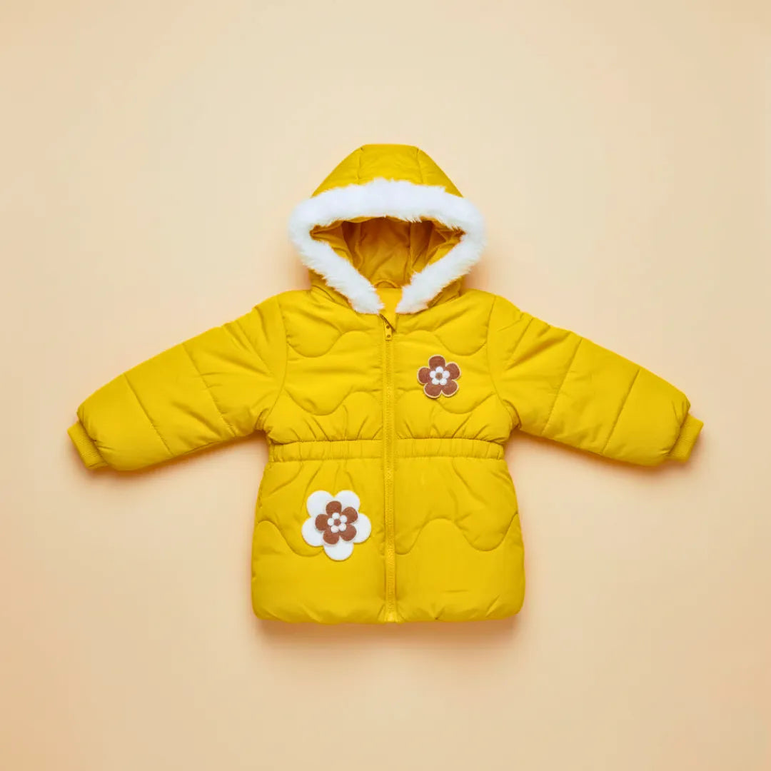 Girls Floral Puffer Jacket – Cozy Faux Fur Hood Edition (1 to 6 Years)