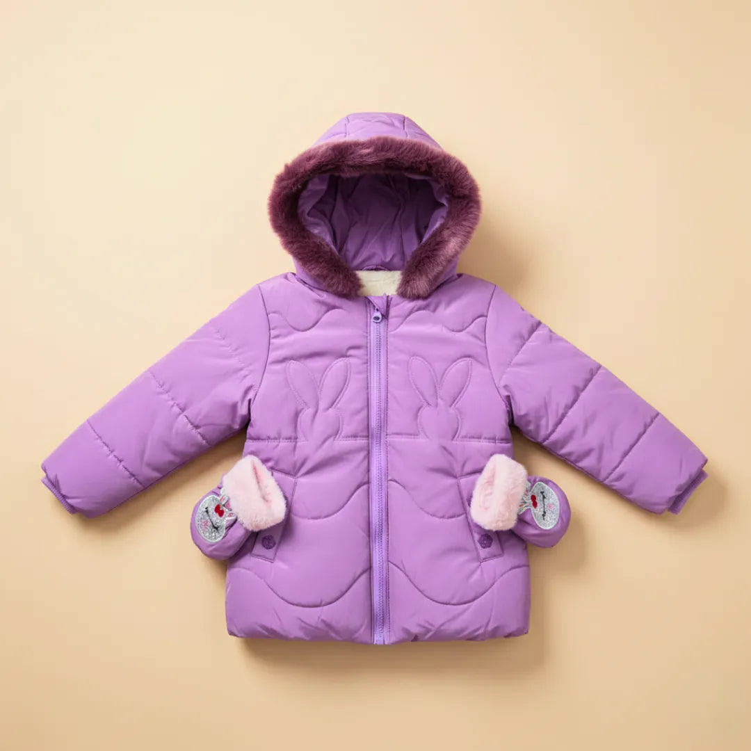 Girls Floral Puffer Jacket – Cozy Faux Fur Hood Edition (1 to 6 Years)