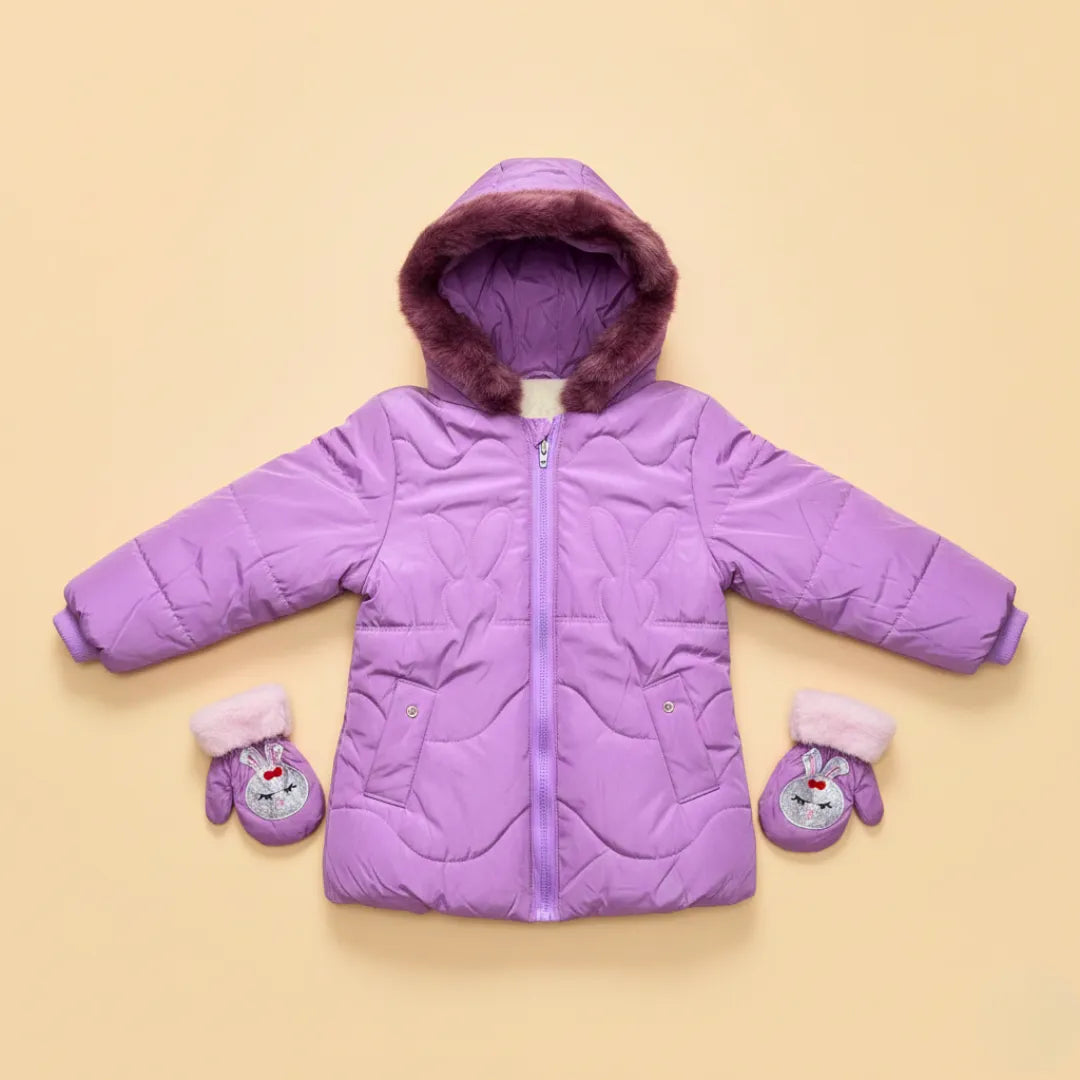 Girls Floral Puffer Jacket – Cozy Faux Fur Hood Edition (1 to 6 Years)