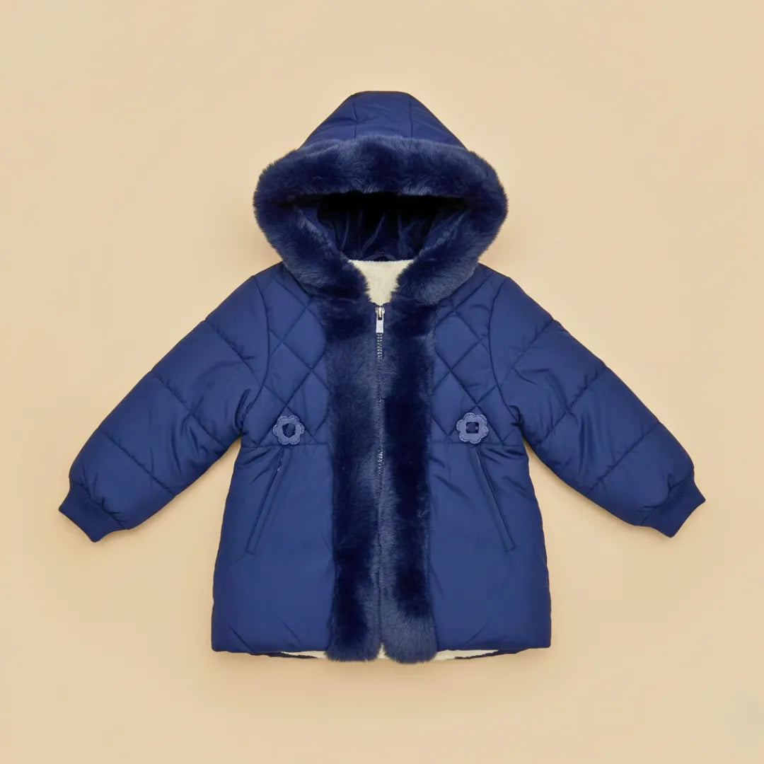 Girls Floral Puffer Jacket – Cozy Faux Fur Hood Edition (1 to 6 Years)