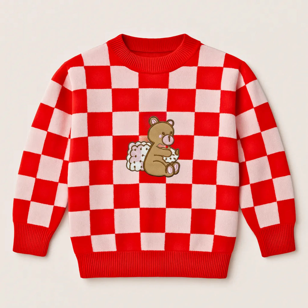 Teddy Bear Checker Sweater – Cuddle Edition Soft Knit Pullover for Kids