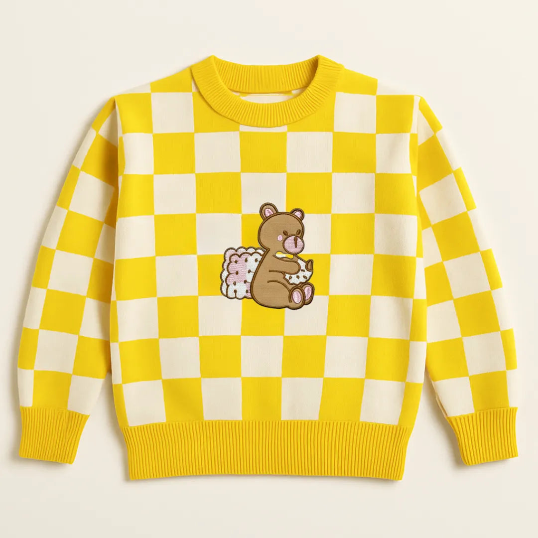 Teddy Bear Checker Sweater – Cuddle Edition Soft Knit Pullover for Kids