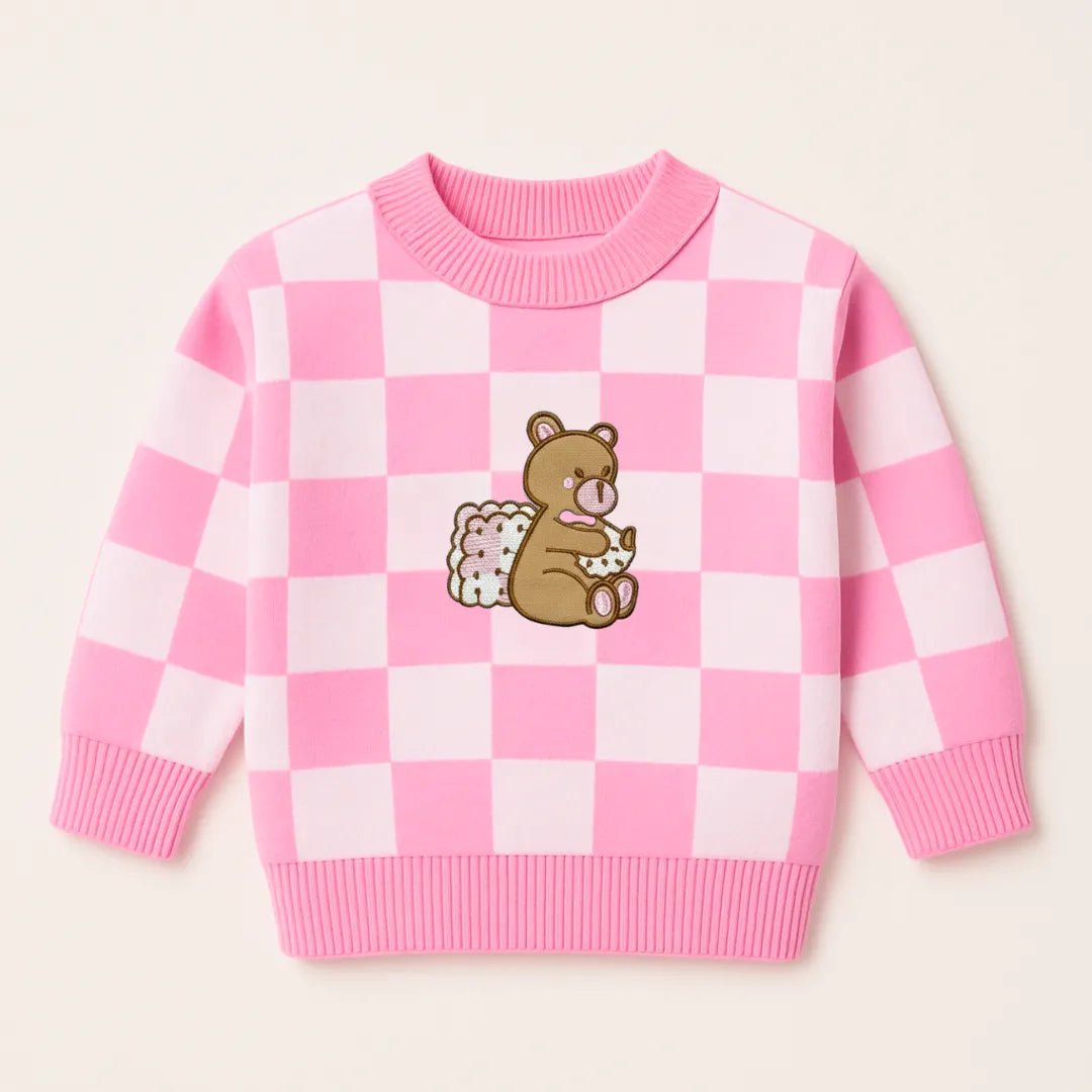 Teddy Bear Checker Sweater – Cuddle Edition Soft Knit Pullover for Kids