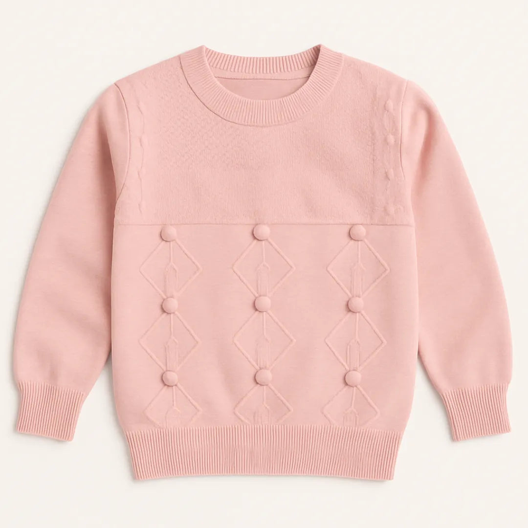 Diamond Knit Pom Sweater For Girls– Pink & Orange Edition Cozy Winter Pullover