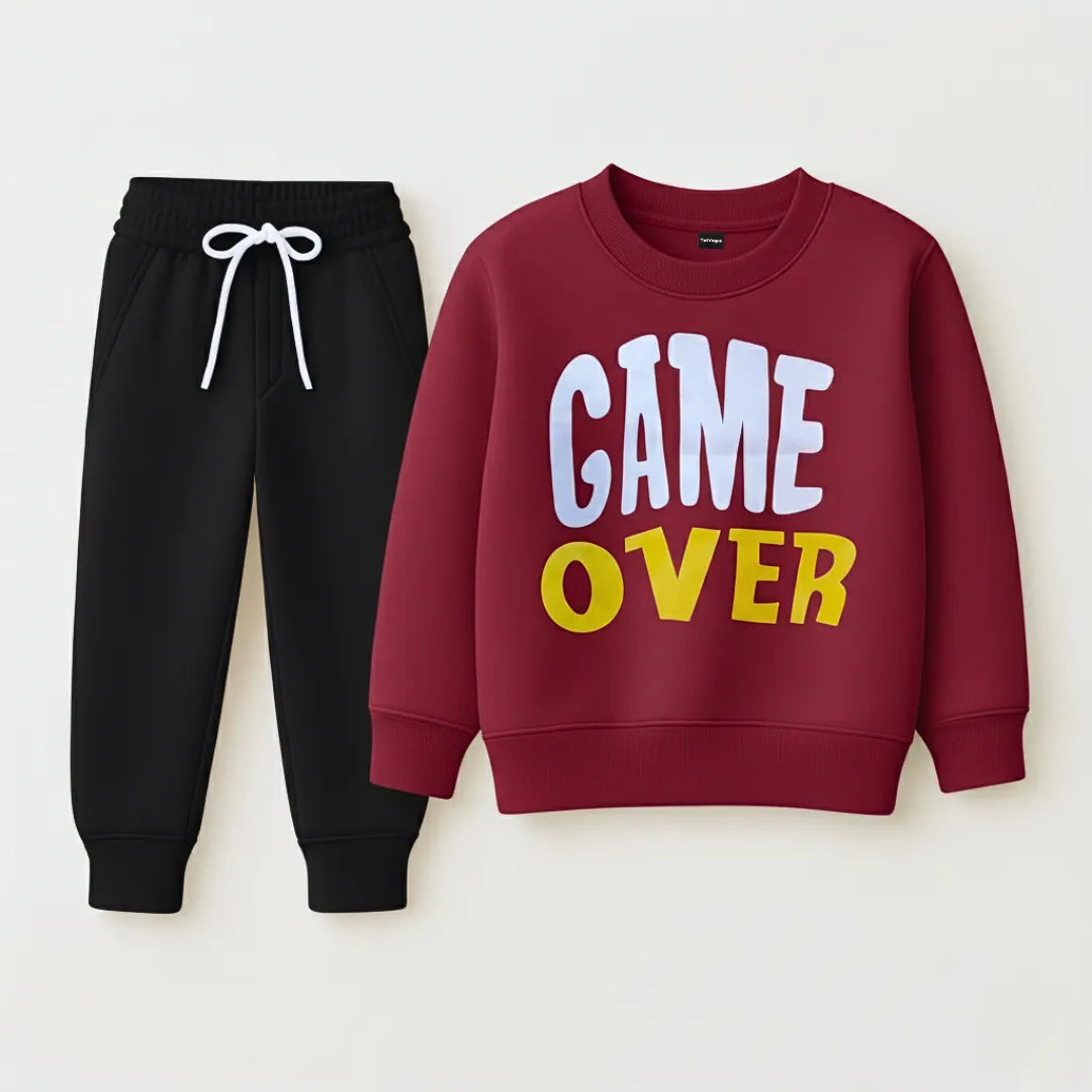 Red sweatshirt with 'GAME OVER' text and black pants on a white background