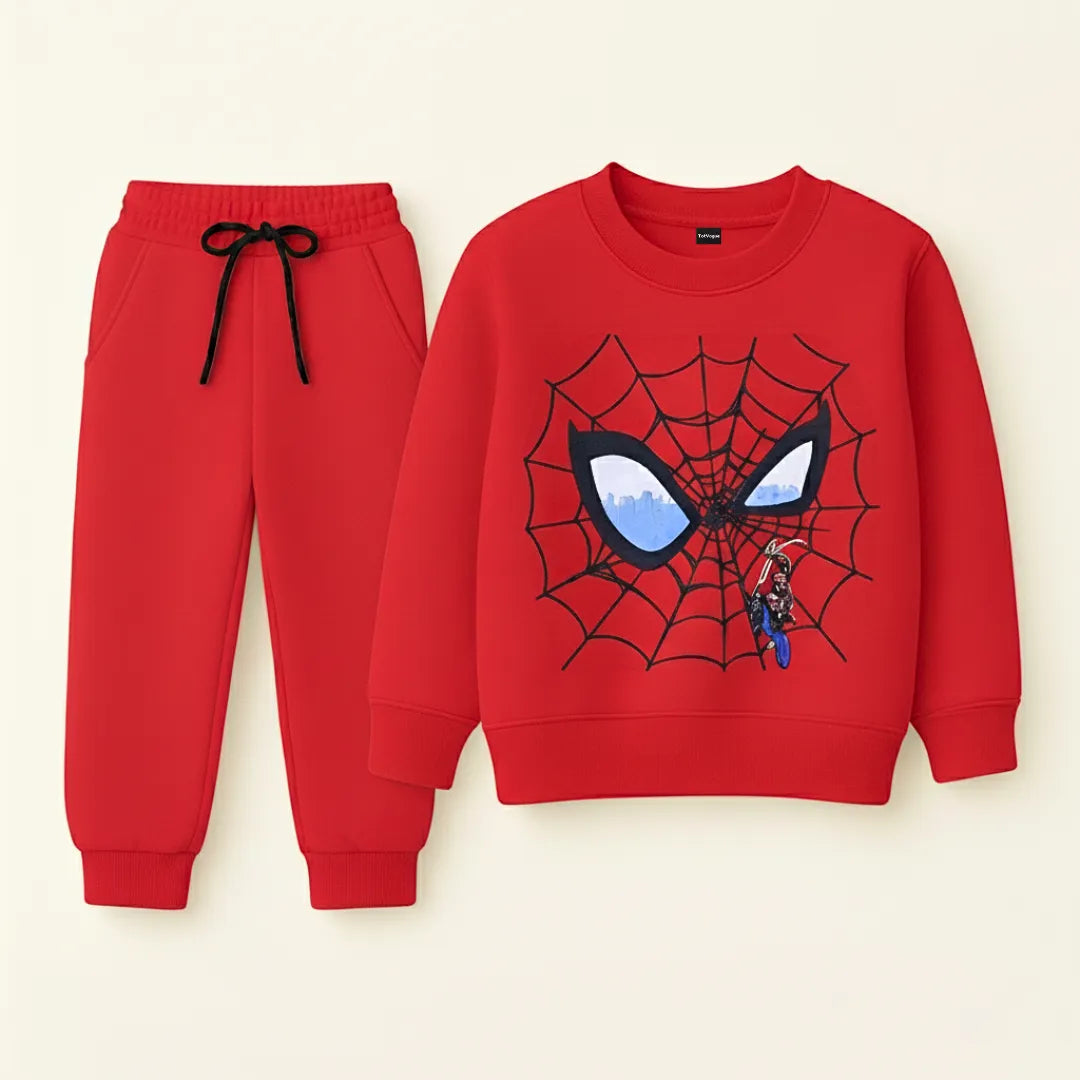 Red children's sweatshirt and pants set with Spider-Man design on a beige background