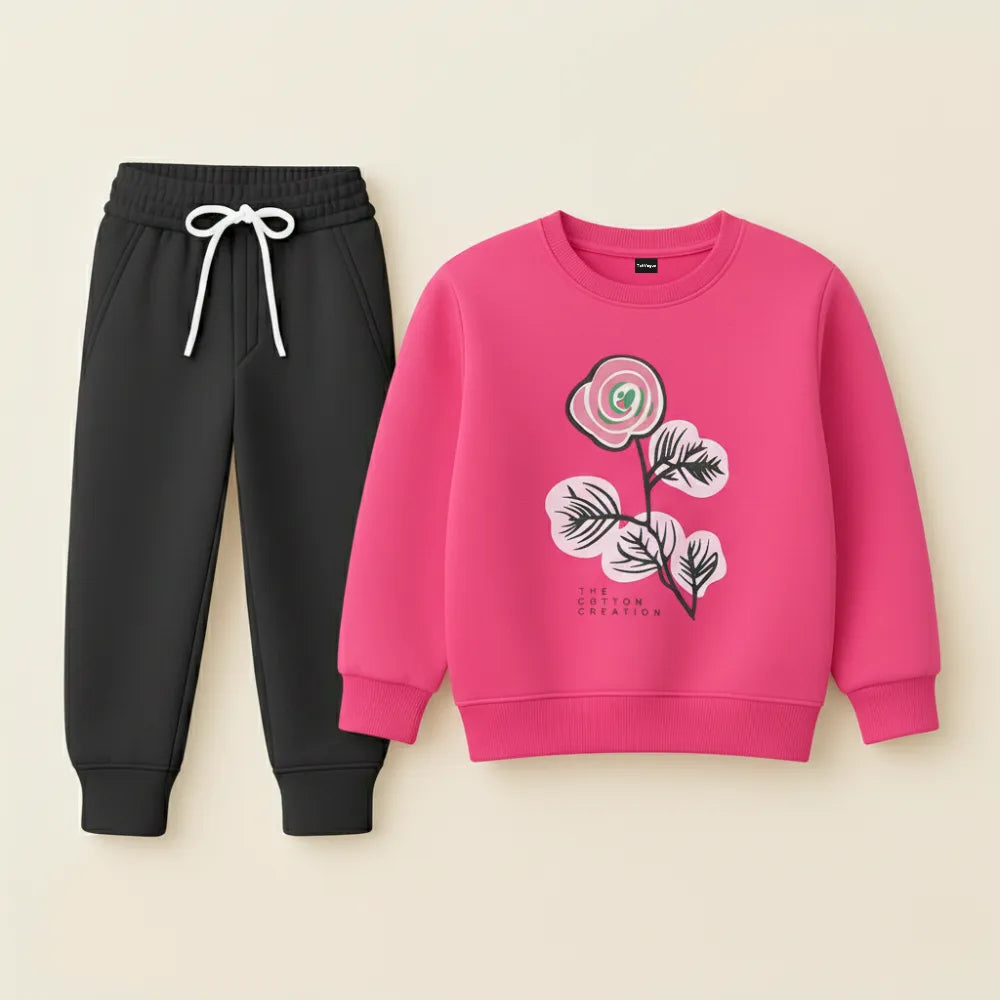 Rose Bloom Kids Tracksuit – Hot Pink & Black Fleece Winter Set