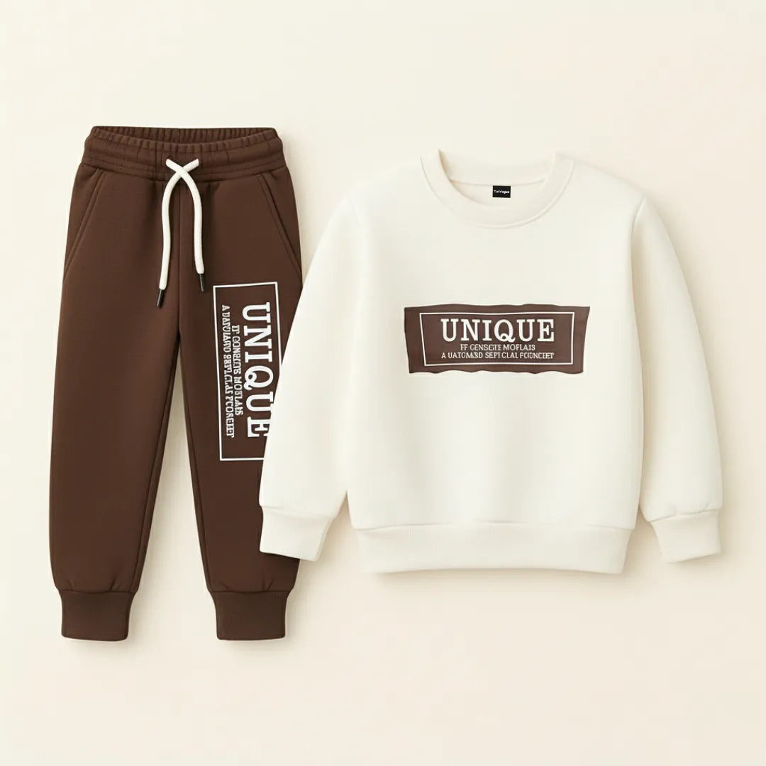 Brown jogger pants and white sweatshirt with 'UNIQUE' text on a light beige background