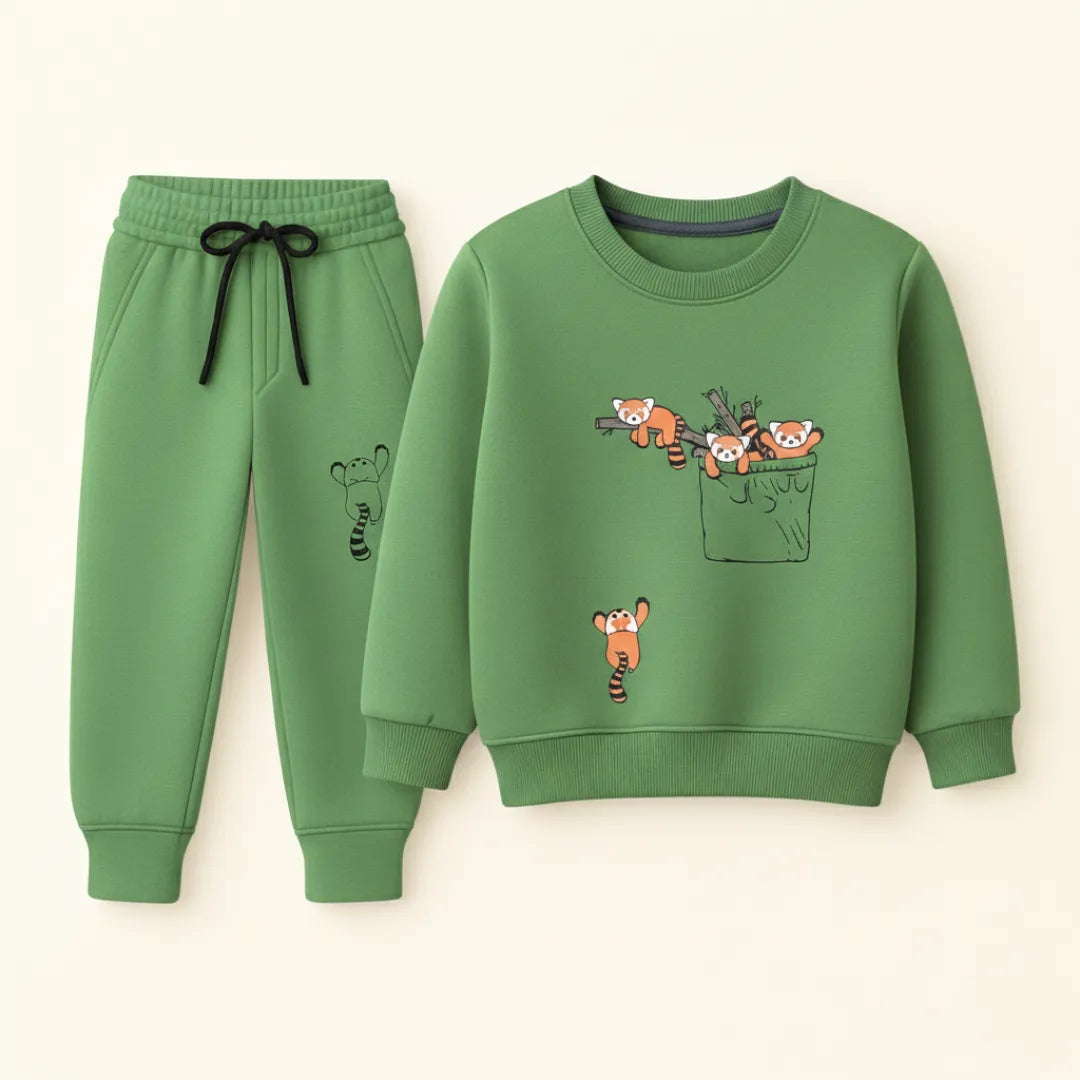 Boys Green Tracksuit – Playful Panda Adventure Fleece Set