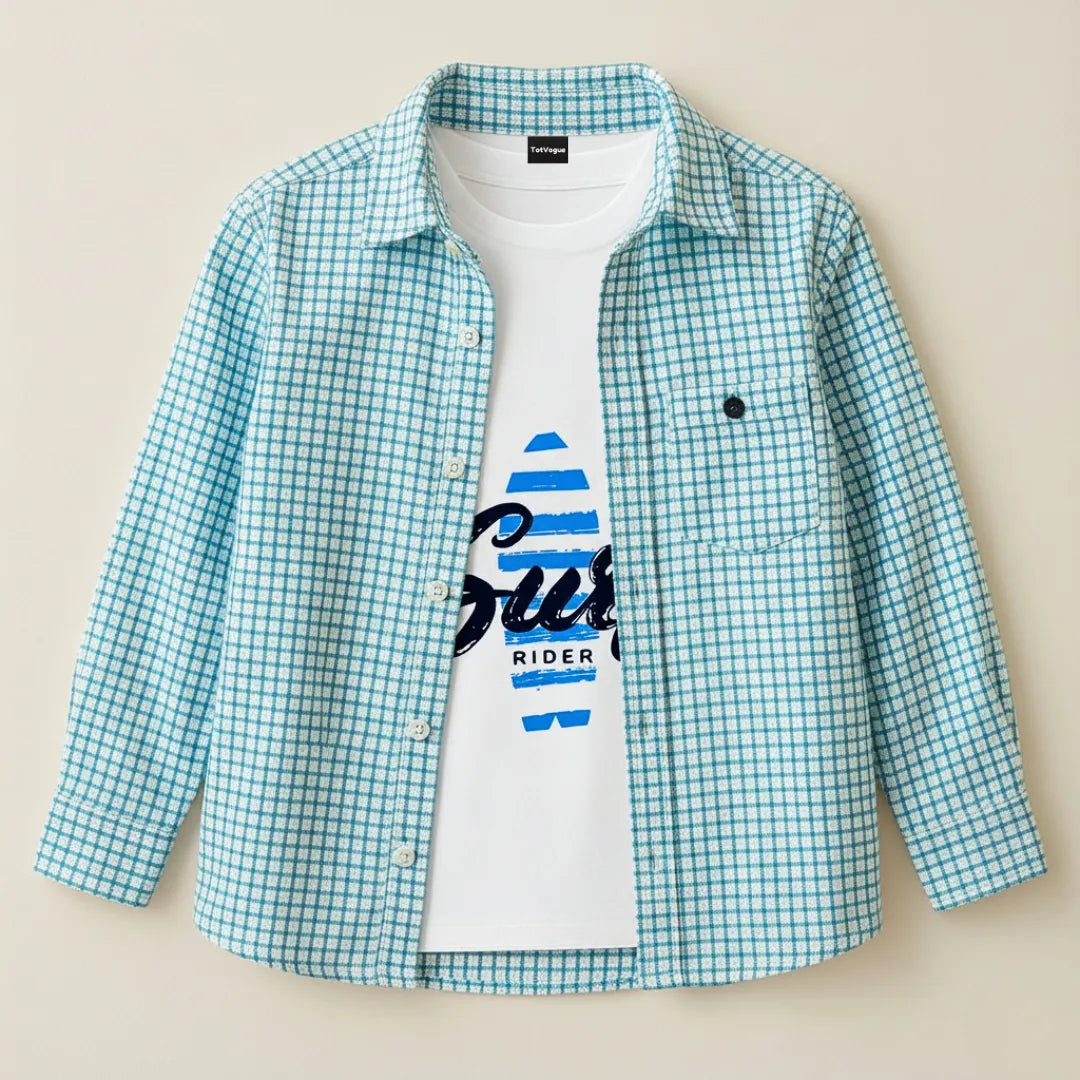 Boys Double Shirt Set – Blue Check Edition Casual Smart Wear