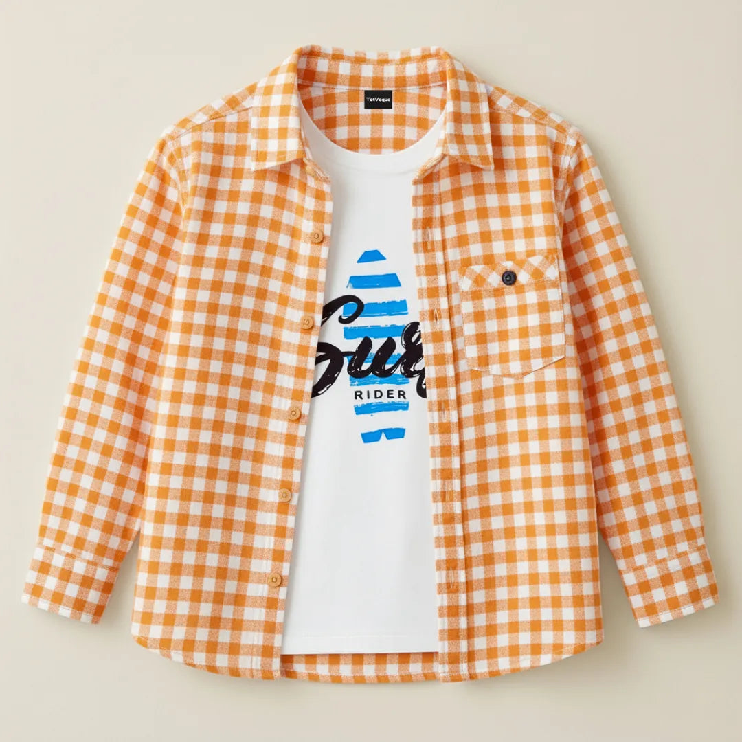 Boys Double Shirt Set – Bright Orange Check Edition Casual Cotton Wear