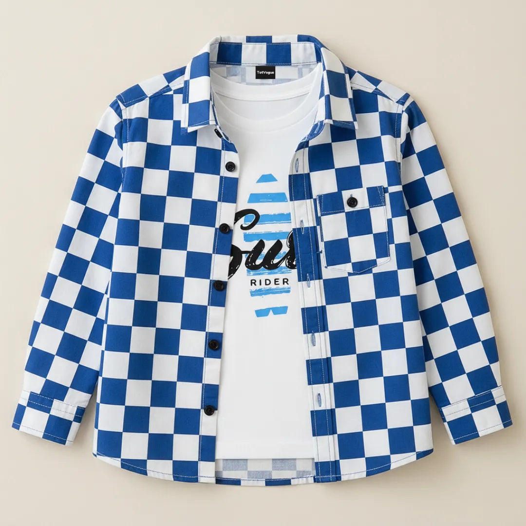 Boys Double Shirt Set – Blue Check Square Edition Classic Cotton Outfit
