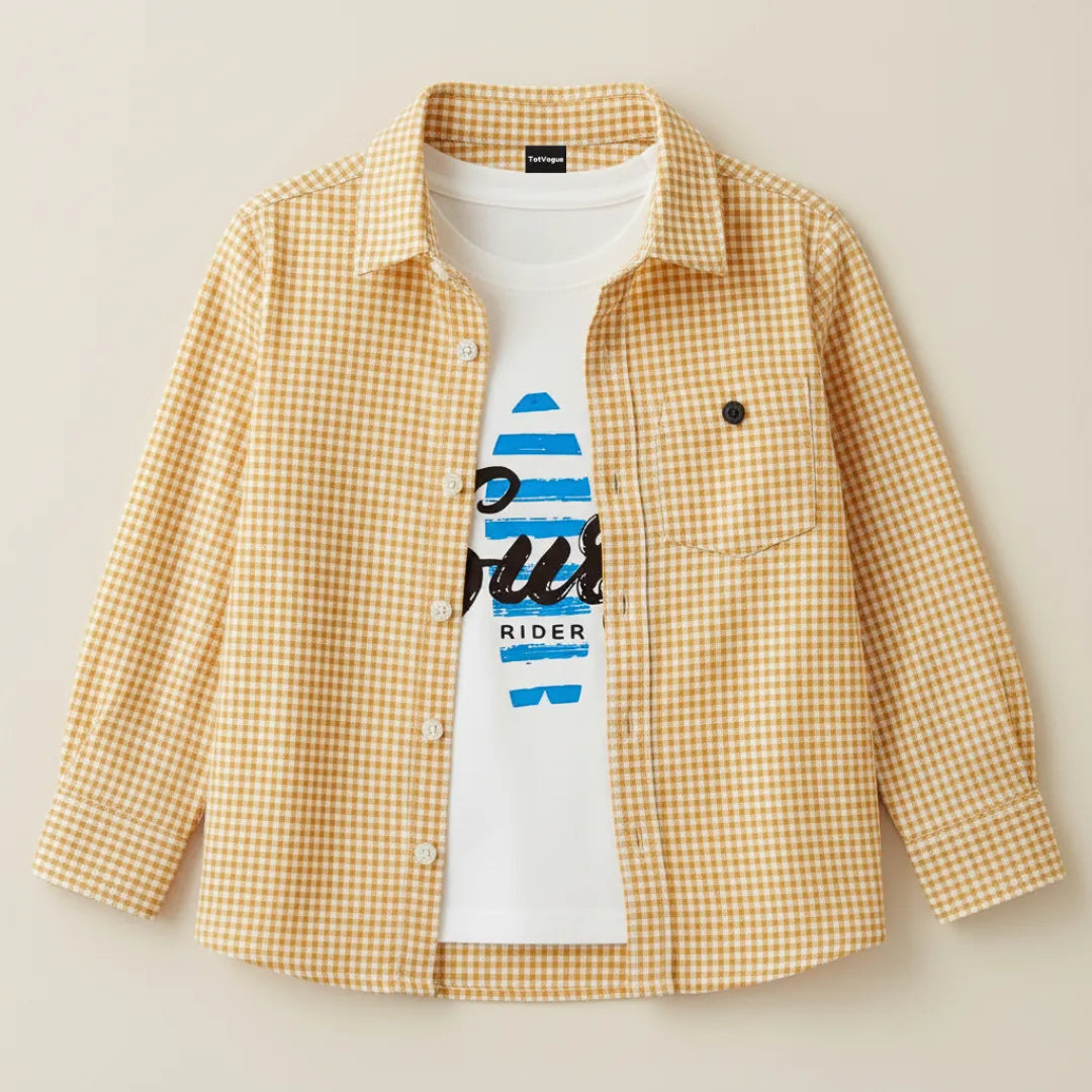 Boys Double Shirt Set – Light Orange Check Edition Casual Cotton Outfit