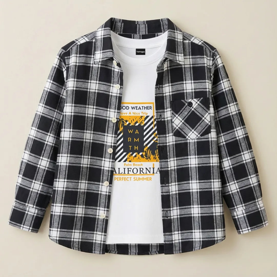 Boys Double Shirt Set – Black White Plaid Edition Smart Cotton Combo