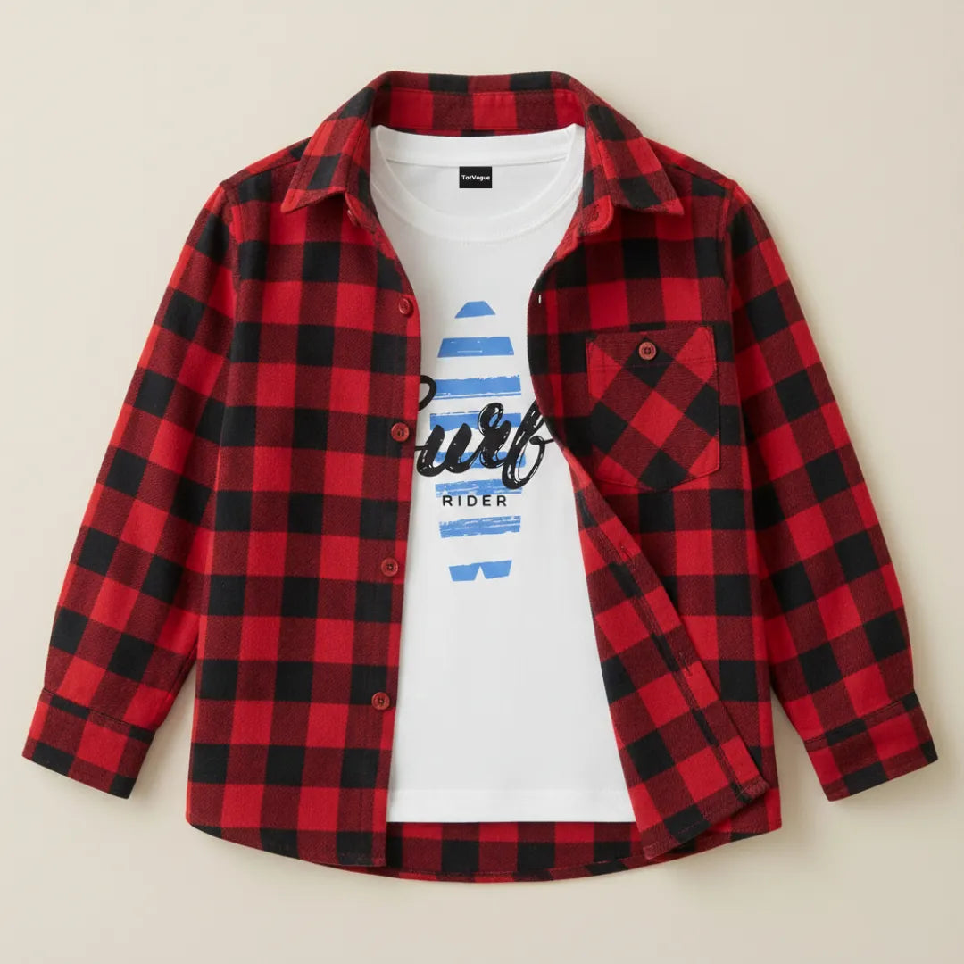Boys Double Shirt Set – Red Black Check Edition Warm Cotton Outfit