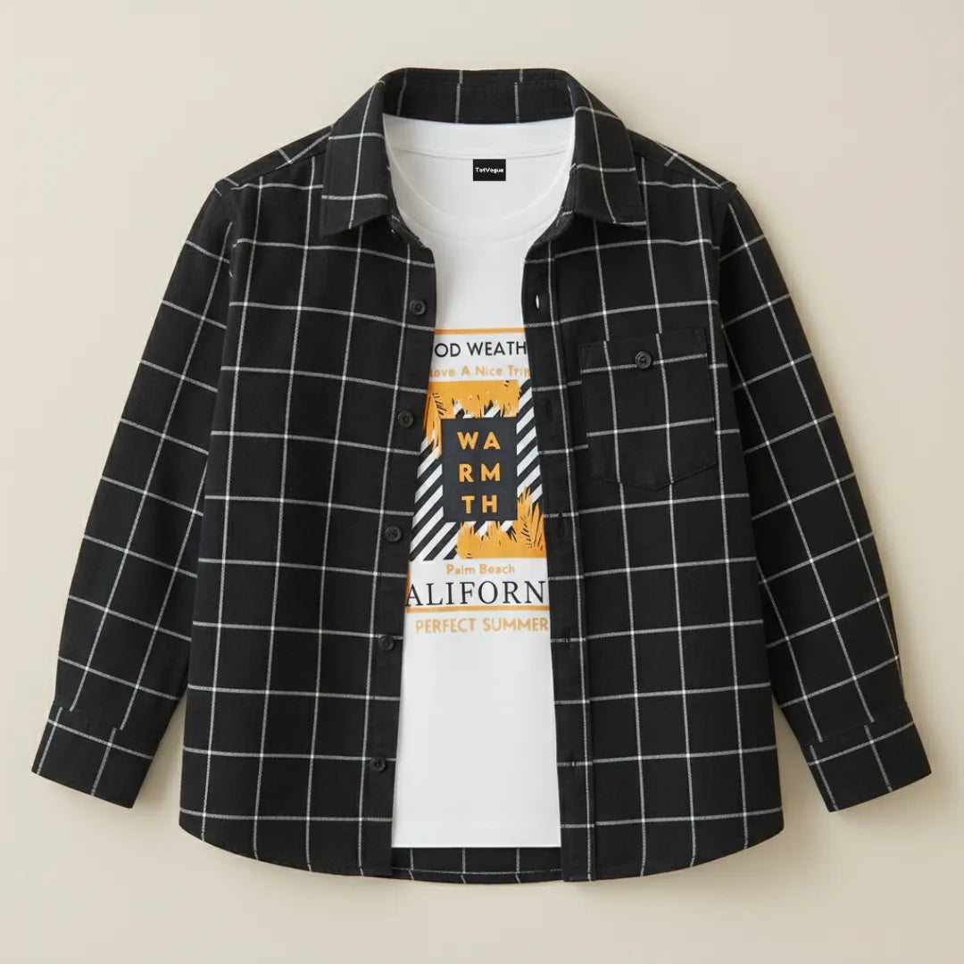 Boys Double Shirt Set – Black Check Edition Trendy Cotton Layered Outfit