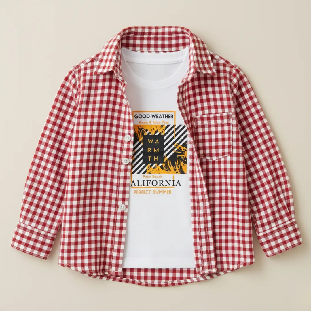Boys Double Shirt Set – Red White Check Edition Casual Cotton Outfit