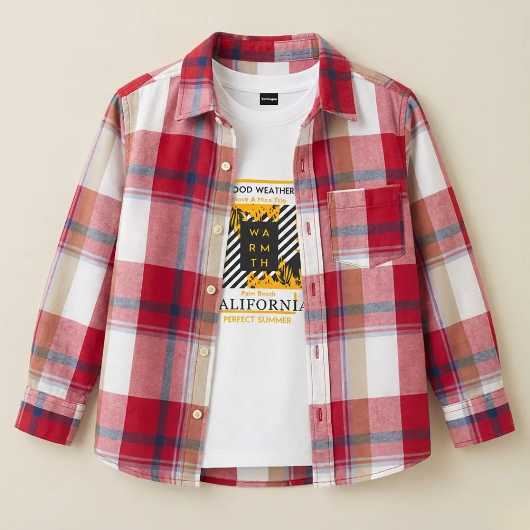 Boys Double Shirt Set – Red Plaid Edition Stylish Cotton Layered Outfit