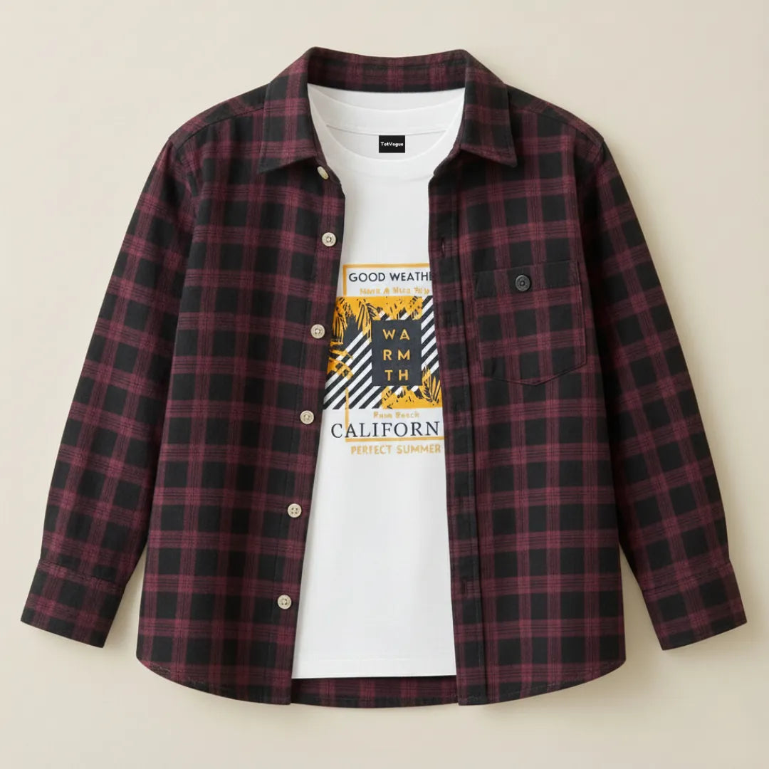 Boys Double Shirt Set – Maroon Black Check Edition Stylish Cotton Wear
