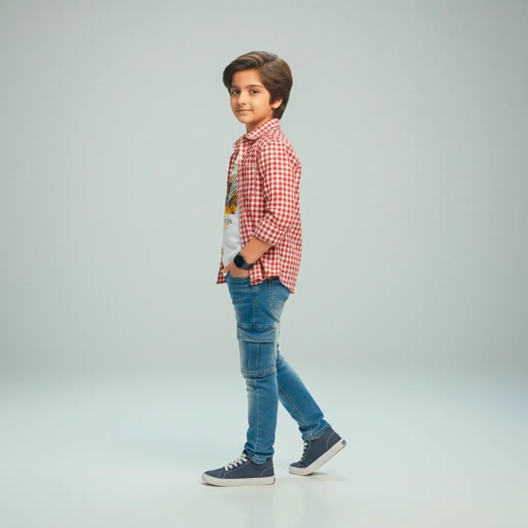 Boys Double Shirt Set – Red White Check Edition Casual Cotton Outfit