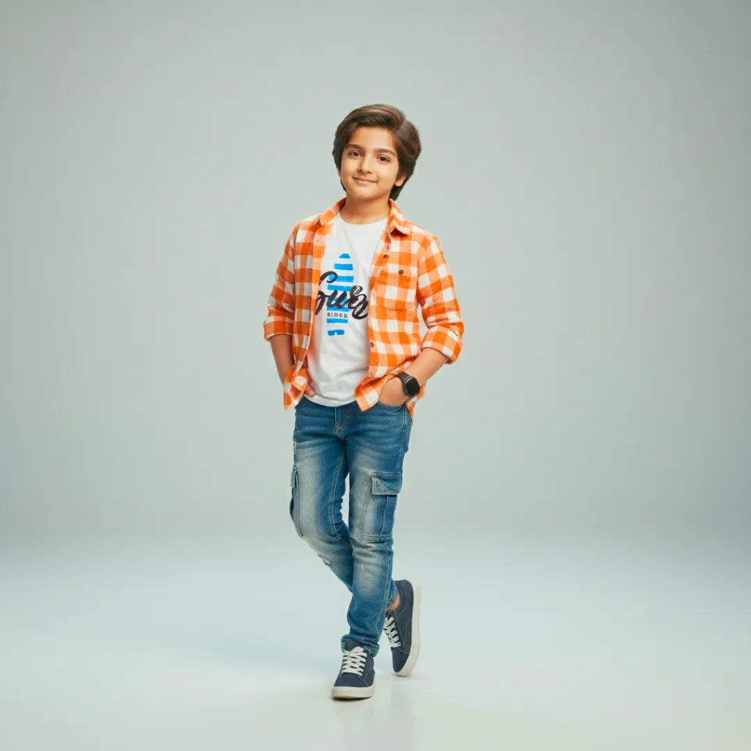 Boys Double Shirt Set – Bright Orange Check Edition Casual Cotton Wear