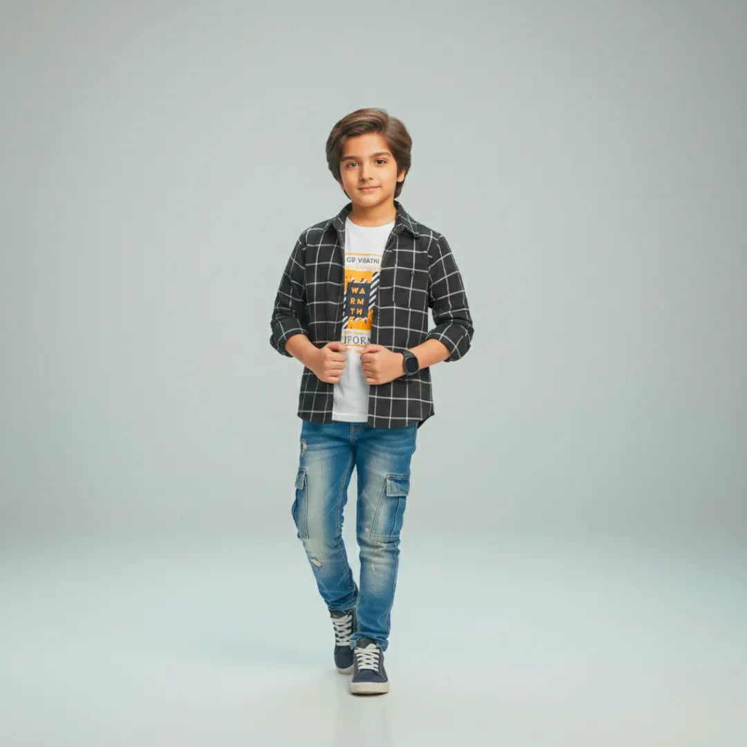 Boys Double Shirt Set – Black Check Edition Trendy Cotton Layered Outfit