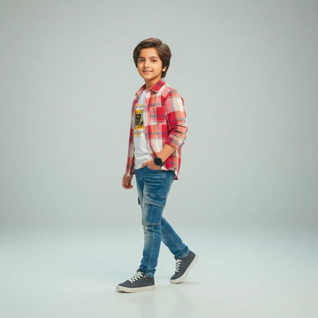 Boys Double Shirt Set – Red Plaid Edition Stylish Cotton Layered Outfit