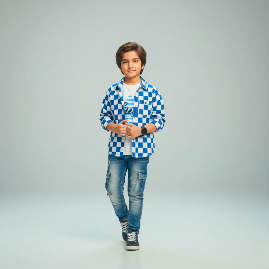 Boys Double Shirt Set – Blue Check Square Edition Classic Cotton Outfit
