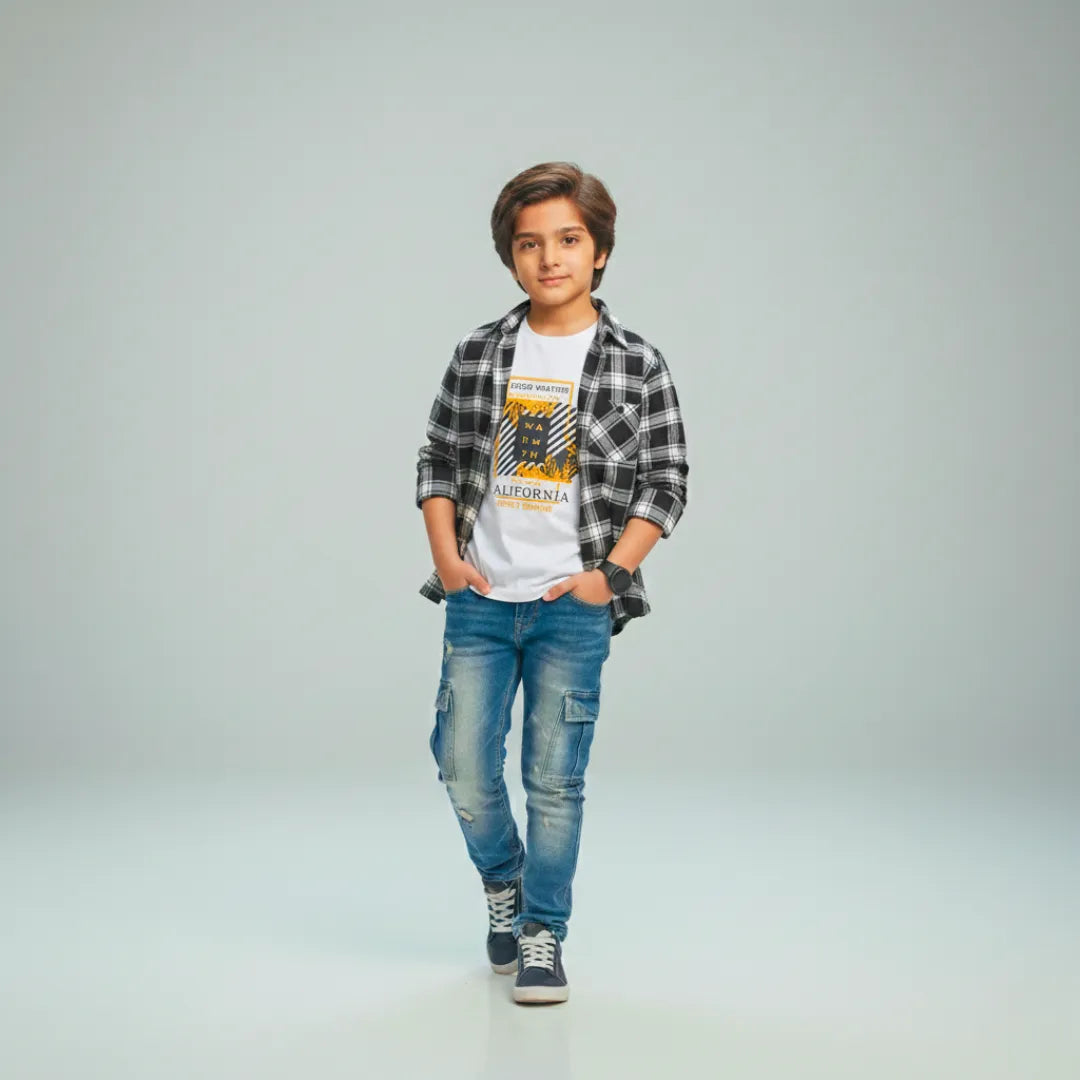 Boys Double Shirt Set – Black White Plaid Edition Smart Cotton Combo