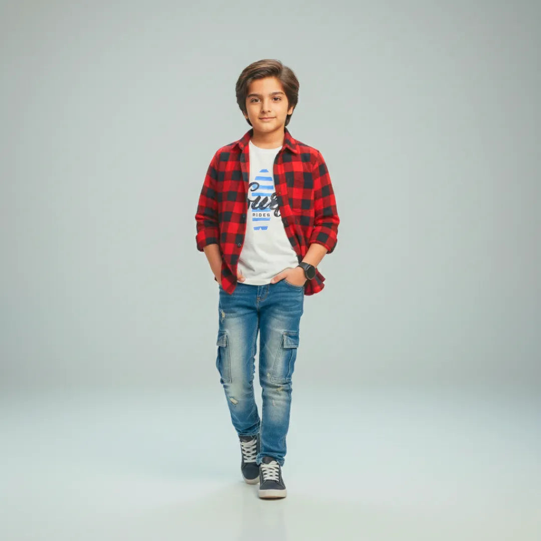 Boys Double Shirt Set – Red Black Check Edition Warm Cotton Outfit