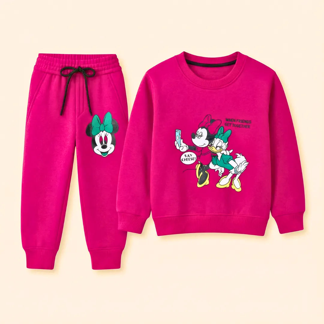 Girls Hot Pink Tracksuit – Friends Together Cartoon Fleece Set