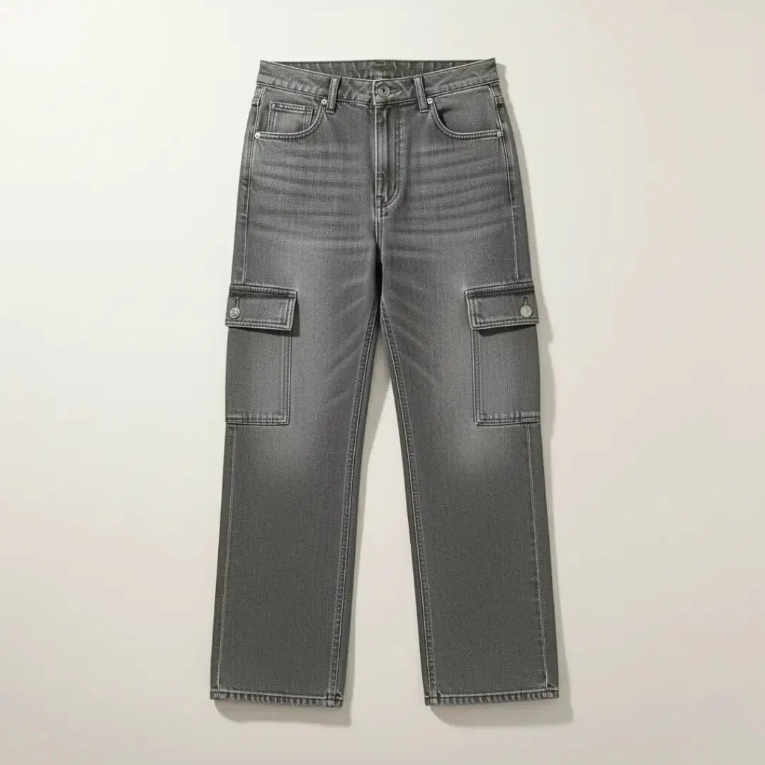 Cargo Export 6 Pocket Unisex Denim Jeans – Wide-Leg Cargo Style 20"–32" in gray with utility pockets.