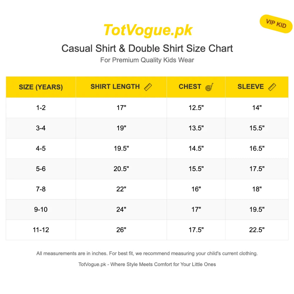 Size chart for casual shirts and double shirts by TotVogue.pk on a white background