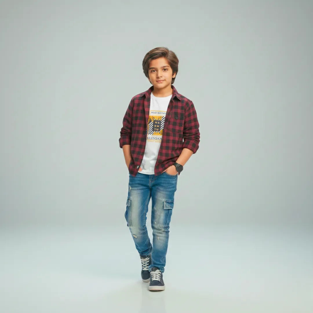 Boys Double Shirt Set – Maroon Black Check Edition Stylish Cotton Wear