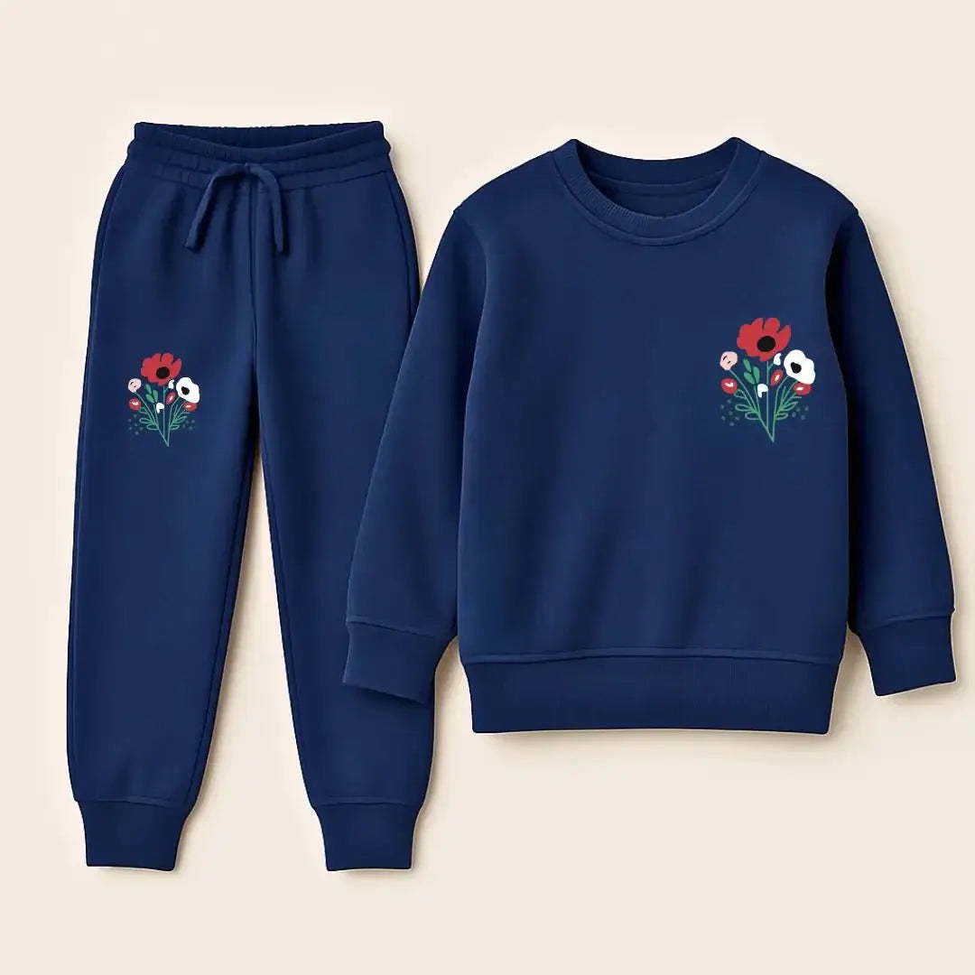 Floral Print Kids Tracksuit – Navy & Black Fleece Set 2026 featuring navy fleece top and pants with floral embroidery.
