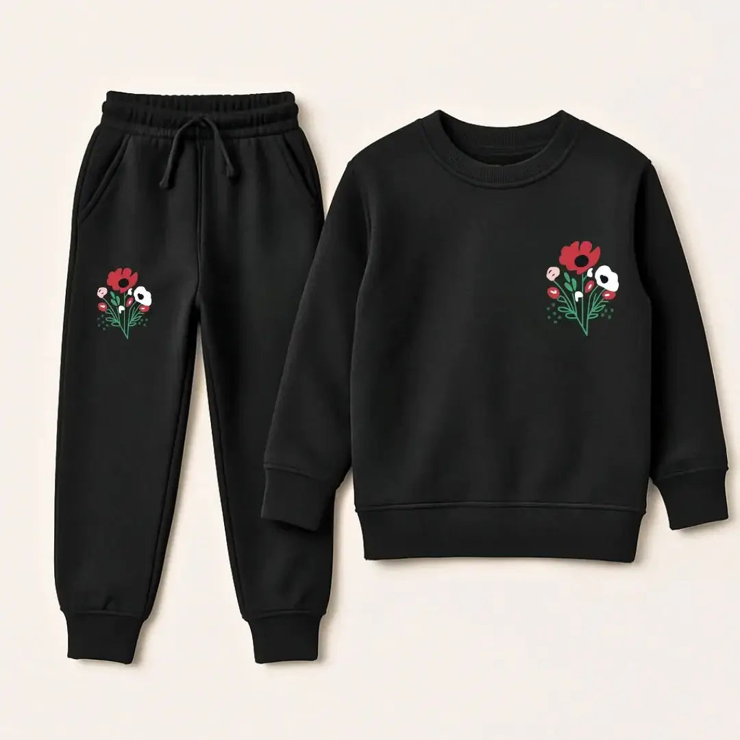 Floral Print Kids Tracksuit – Navy & Black Fleece Set 2026 featuring a black sweatshirt and matching pants with floral design.