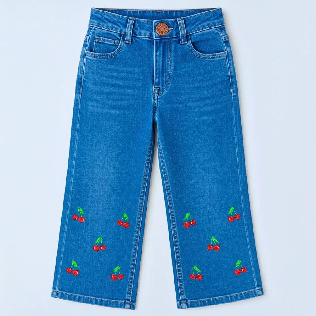 Girls Embroidered Bell Bottom Jeans – Floral & Cherry Prints (Sky, Mid, Dark Wash) - TotVogue.pk