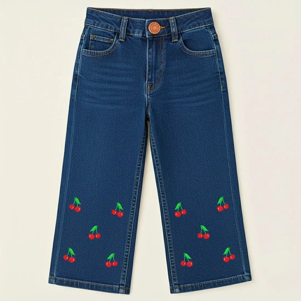 Girls Embroidered Bell Bottom Jeans – Floral & Cherry Prints (Sky, Mid, Dark Wash) - TotVogue.pk