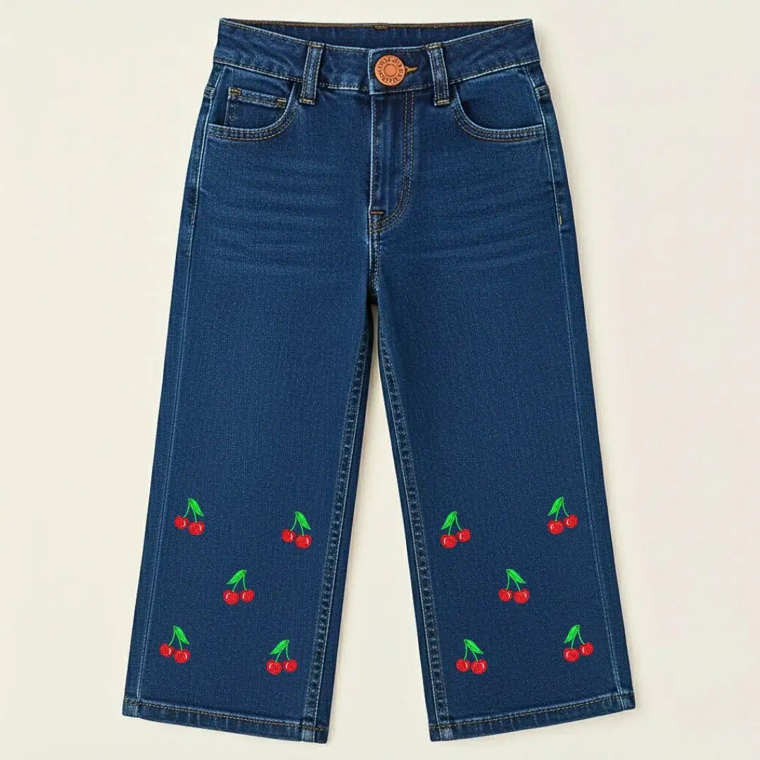 Girls Embroidered Bell Bottom Jeans – Floral & Cherry Prints (Sky, Mid, Dark Wash) - TotVogue.pk