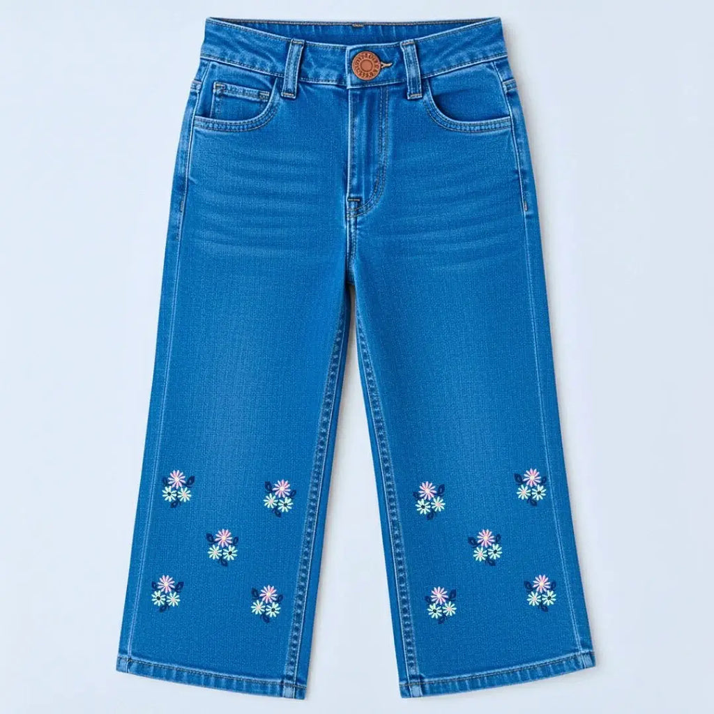Girls Embroidered Bell Bottom Jeans – Floral & Cherry Prints (Sky, Mid, Dark Wash) - TotVogue.pk