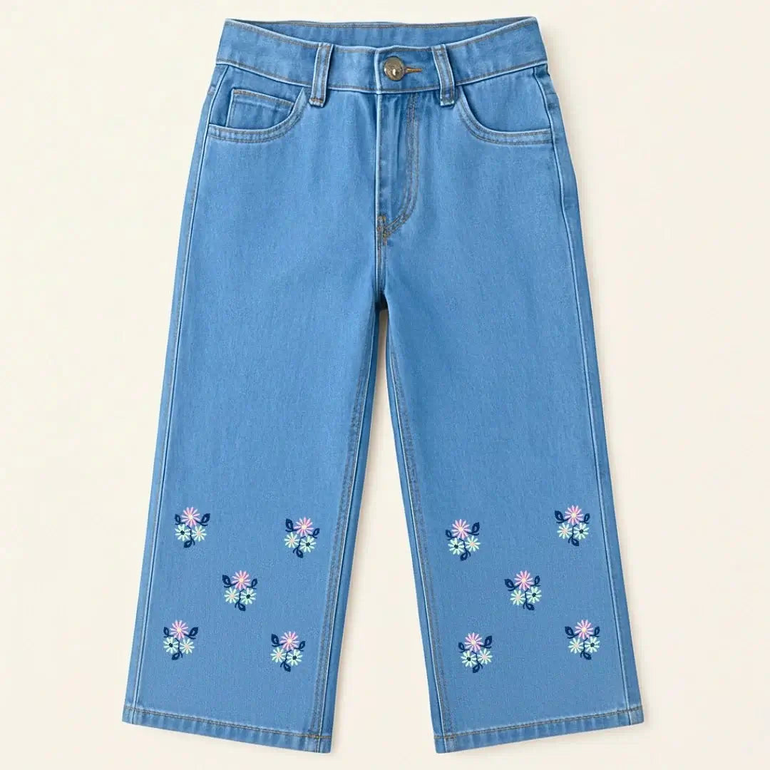 Girls Embroidered Bell Bottom Jeans – Floral & Cherry Prints (Sky, Mid, Dark Wash) - TotVogue.pk